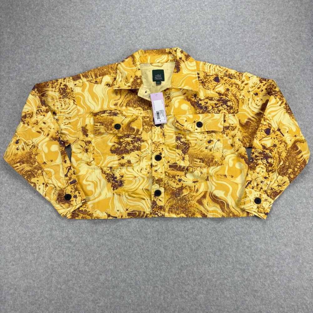 Jacket Womens S Yellow Cropped Floral Denim Button Up Abstract Festival Casual